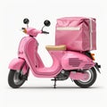 Pink motor bike with pink delivery bag isolated on white. Scooter express delivery service Food delivery