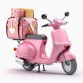 Pink motor bike with pink delivery bag isolated on white. Scooter express delivery service Food delivery