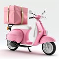 Pink motor bike with pink delivery bag isolated on white. Scooter express delivery service Food delivery