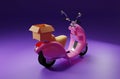 3D Rendering pink motor scooter with box in purple background for delivery order