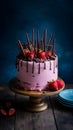 Pink mousse cake embellished with chocolate and strawberries, visually stunning