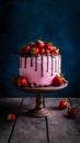 Pink mousse cake embellished with chocolate and strawberries, visually stunning