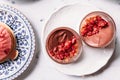 Pink Mousse with Raspberry Cake Crumble served in glassware. Dessert for afternoon tea Royalty Free Stock Photo