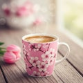 Pink Mug with Cherry Blossom Design and Tulips on Wooden Table Royalty Free Stock Photo