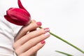 Pink nail design. Female hand with pink manicure holding tulip flower Royalty Free Stock Photo