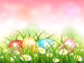 Pink Nature Background with Easter Eggs in Grass
