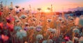 background landscape blooming meadow nature field beautiful sunset violet pink flower. Generative AI.