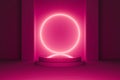 Pink neon circle light gate background 3D render Royalty Free Stock Photo