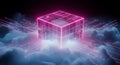 Pink neon cube with radiating circuit lines emerging from blue clouds in darkness Royalty Free Stock Photo
