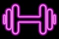 Pink neon dumbbell outline on black background. Sports equipment, weightlifting