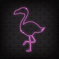 Pink neon flamingo vector light sign illustration. Fluorescent tropical bird decoration glowing element.