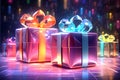 Pink neon gift boxes with bow. Generative AI