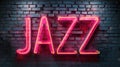 Pink Neon Jazz Sign close-up on Brick Wall Background