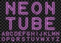 Pink neon light bulbs custom font . Handcrafted alphabet for design. Vector .