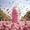 Pink Nespresso capsules fling from a pink combat plane.