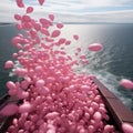 Pink Nespresso capsules fling from a pink combat plane.