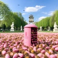 Pink Nespresso capsules fling from a pink combat plane.