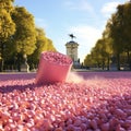 Pink Nespresso capsules fling from a pink combat plane.