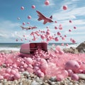 Pink Nespresso capsules fling from a pink combat plane.