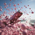 Pink Nespresso capsules fling from a pink combat plane.