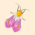 Pink night moth top view isolated on a white background. Flat halloween insect vector Illustration