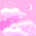 Pink night sky with cresent, fluffy clouds and hand darwn stars. Dream aesthetics illustration, retro fantasy background