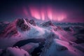 Pink Northern Lights over snowy mountains. Beautiful winter landscape with a valley and a lake. Night magical background. Royalty Free Stock Photo