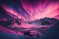 Pink Northern Lights over snowy mountains. Beautiful winter landscape with a valley and a lake. Night magical background. Royalty Free Stock Photo