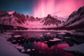 Pink Northern Lights over snowy mountains. Beautiful winter landscape with a valley and a lake. Night magical background. Royalty Free Stock Photo