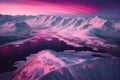 Pink Northern Lights over snowy mountains. Beautiful winter landscape with a valley and a lake. Night magical background. Royalty Free Stock Photo