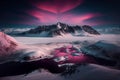 Pink Northern Lights over snowy mountains. Beautiful winter landscape with a valley and a lake. Night magical background. Royalty Free Stock Photo