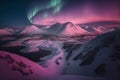 Pink Northern Lights over snowy mountains. Beautiful winter landscape with a valley and a lake. Night magical background. Royalty Free Stock Photo