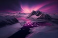 Pink Northern Lights over snowy mountains. Beautiful winter landscape with a valley and a lake. Night magical background. Royalty Free Stock Photo