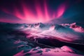 Pink Northern Lights over snowy mountains. Beautiful winter landscape with a valley and a lake. Night magical background. Royalty Free Stock Photo