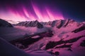 Pink Northern Lights over snowy mountains. Beautiful winter landscape with a valley and a lake. Night magical background. Royalty Free Stock Photo