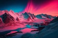 Pink Northern Lights over snowy mountains. Beautiful winter landscape with a valley and a lake. Night magical background. Royalty Free Stock Photo