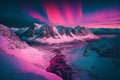 Pink Northern Lights over snowy mountains. Beautiful winter landscape with a valley and a lake. Night magical background. Royalty Free Stock Photo