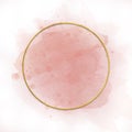 Pink and nude brush strokes and gold frame. Abstract watercolor background