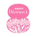 Pink number 8 with tulips and the phrase Happy women in a vector