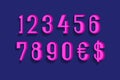 Pink numbers with currency signs of dollar and euro in decent 3d style