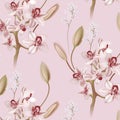 Pink ochid floral pastel realisitic pattern background. Vector bouquet design: garden pink orchids flower, Orchidaceae with buds