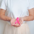 Pink October Breast Cancer Awareness month, woman with pink Ribbon in hospital for support people life and illness. National Royalty Free Stock Photo