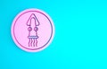 Pink Octopus on a plate icon isolated on blue background. Minimalism concept. 3d illustration 3D render