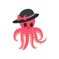 Pink octopus with plump lips and big shiny eyes. Cartoon mollusk character in elegant black hat with bow. Flat vector