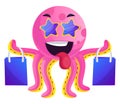 Pink octopus with shoping bags illustration vector