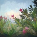 Pink Oleander Bush with Sunset Background Painting. Digital Art.