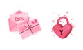 Pink Open Envelope with Amour Letter and Heart Shaped Lock as Saint Valentine Day Symbol Vector Set