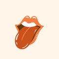 Pink open lips isolated element. Valntines day romantic half-open mouth with tongue funny vector illustration.