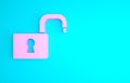 Pink Open padlock icon isolated on blue background. Opened lock sign. Cyber security concept. Digital data protection Royalty Free Stock Photo