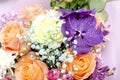 Pink orange purple roses colorful bouquet. Beautiful Flowers composition macro close up.Spring floral romantic gift card Royalty Free Stock Photo